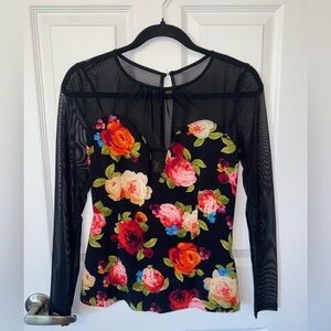 Guess Top - Black Floral Mesh Long Sleeve